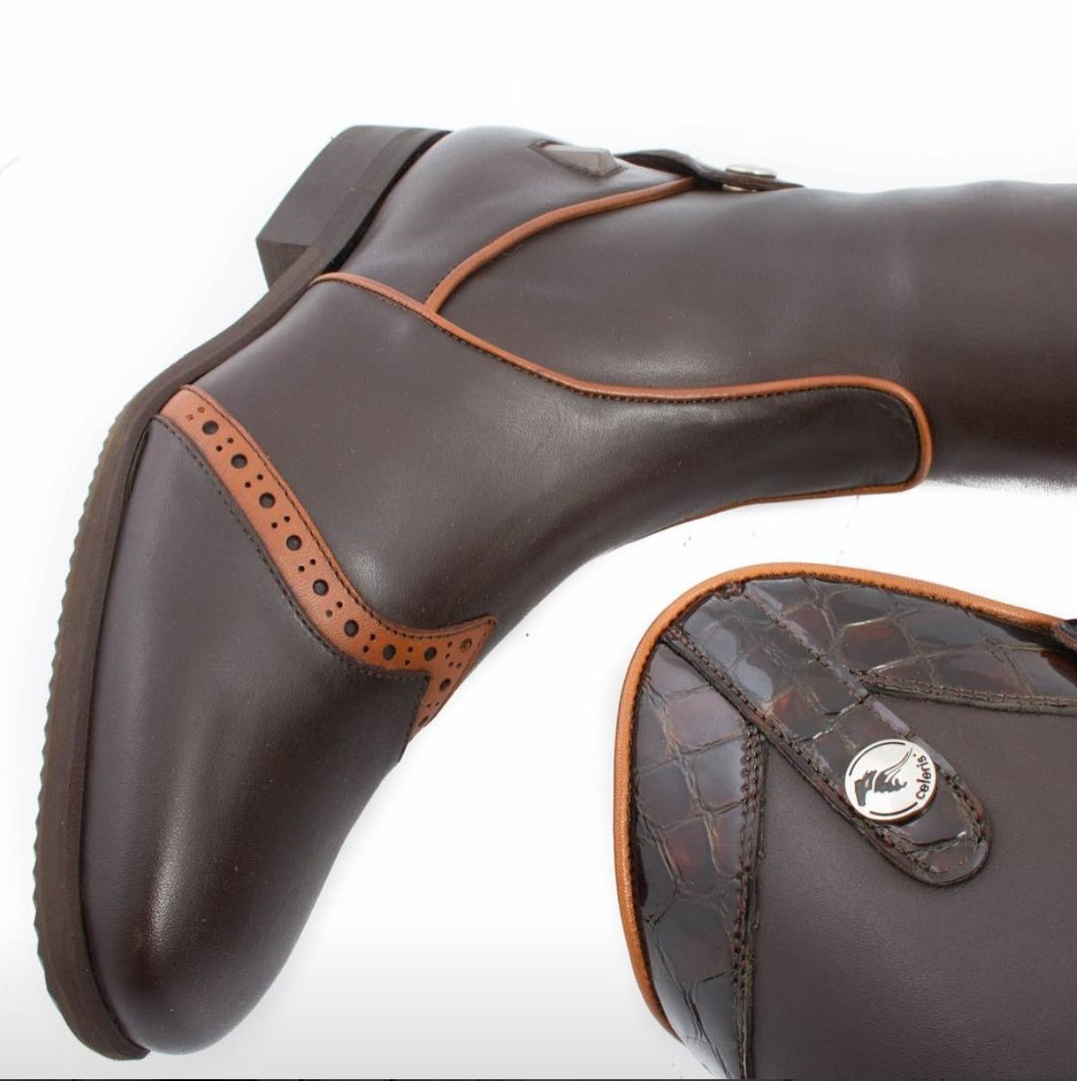 MARIJE /
Chocolate brown with orange piping / Faux croc gloss accents