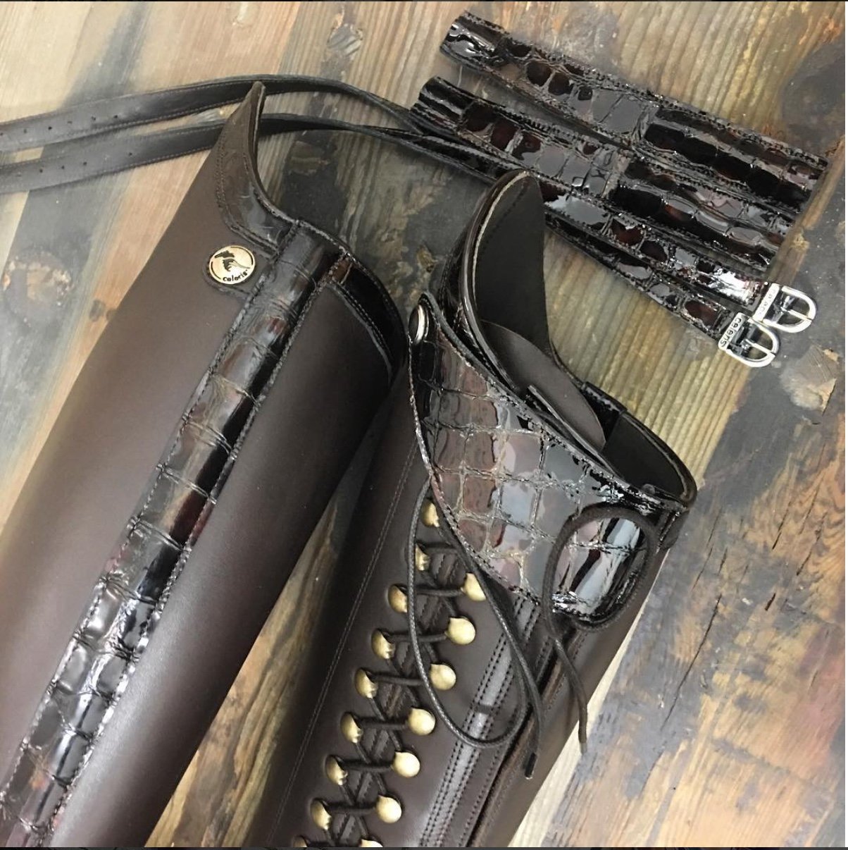 BIA /
Brown gloss / Faux croc gloss accents